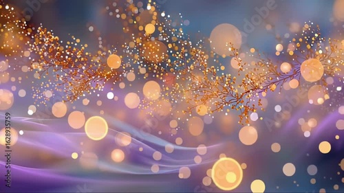 Abstract illustration featuring vibrant bokeh lights and flowing waves in shades of purple and gold, creating a dreamy and enchanting atmosphere for creative projects