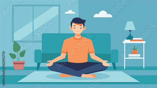 A man sitting on a cushion in his living room his eyes closed and a small smile playing on his lips as he becomes fully present in the moment..