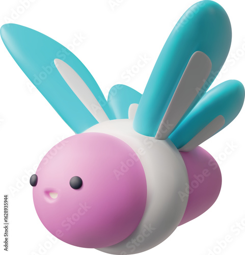 3d cartoon butterfly, pink, with blue wings, forged character, insect.