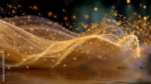 Abstract golden wave with shimmering particles and soft light effects, creating a dreamy atmosphere, ideal for backgrounds or artistic projects with a sense of elegance and movement