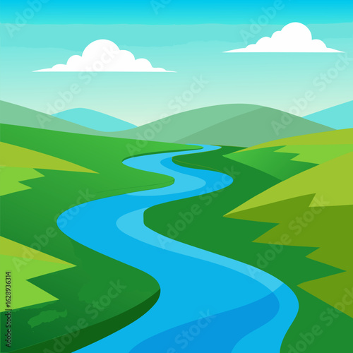 A vantage point to view the flow of a river across the wide green meadows vector landscape background.
