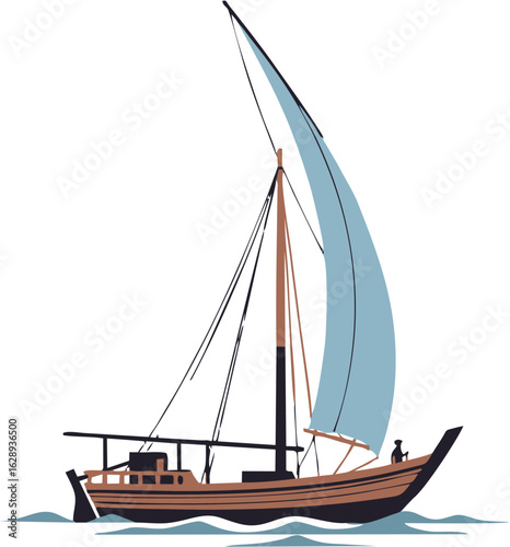 Traditional wooden dhow sailing boat with a single lateen sail, vector illustration isolated on a white background
