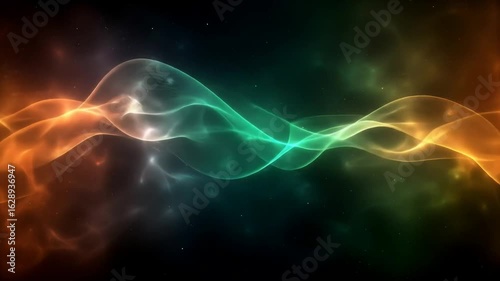 A wavy, translucent, multicolored band of light stretches across a dark backdrop speckled with tiny light points.