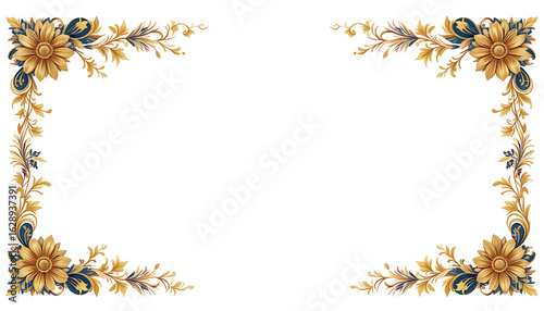 Elegant floral frame with golden flowers and blue leaves forming a decorative corner border.