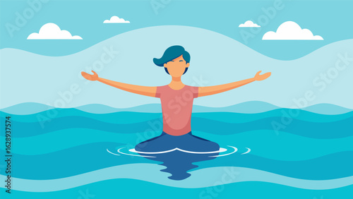 A person gracefully floating on the water eyes closed and arms outstretched fully immersed in a beach meditation..