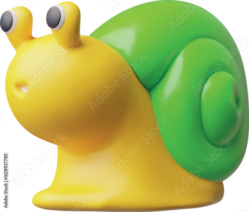 3D yellow and green snail with a spiral shell, cute kawaii character.