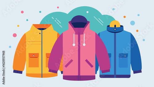 A display of fluffy and comfortable jackets in lightweight moisturewicking materials catches your attention.. Vector illustration