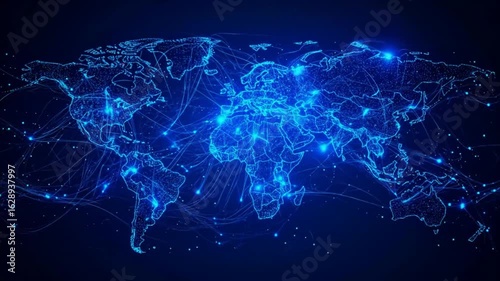 A world map rendered with interconnected glowing lines and dots against a dark blue background.