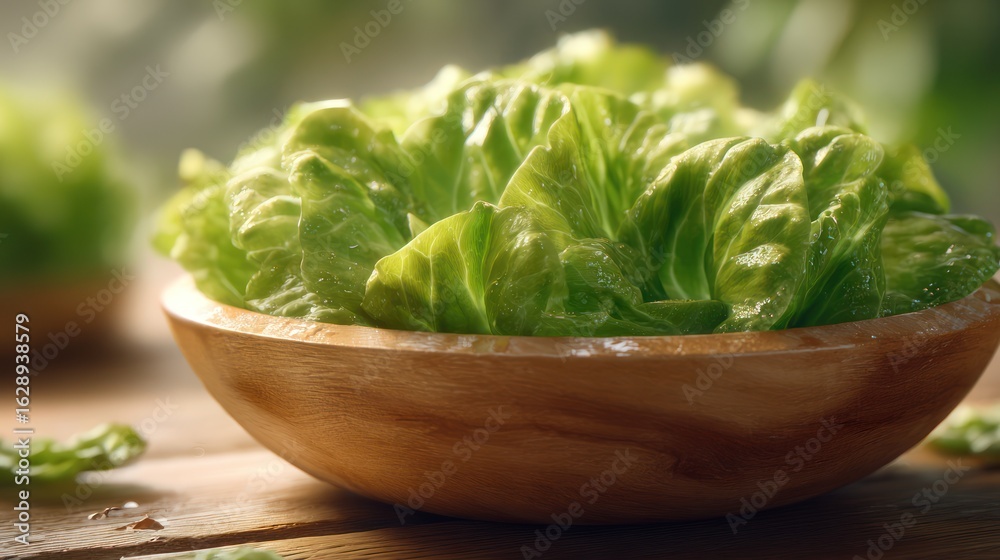 Fresh, vibrant lettuce in a wooden bowl Fresh, vibrant lettuce in a wooden bowl