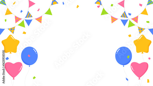 ガーランド、旗、紙吹雪、風船のデコレーションフレーム