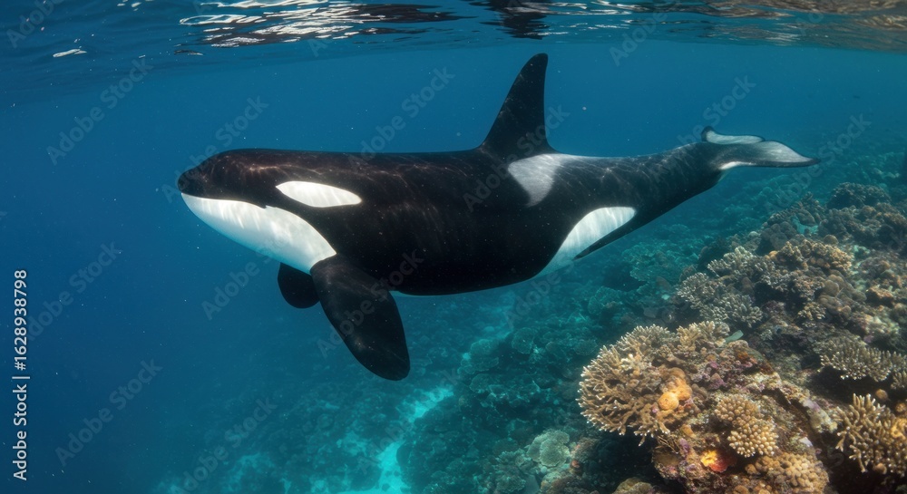 Fototapeta premium Orca swimming near coral reef (1)