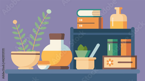 A minimalistic apothecary shelf in the bedroom featuring neatly arranged essential oils a small clay pot for burning loose herbs and a small notebook.