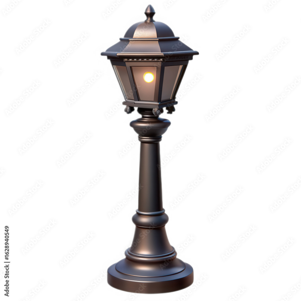 Fototapeta premium Ornate Black Street Lamp with Glowing Bulb lamp post isolated on a transparent background