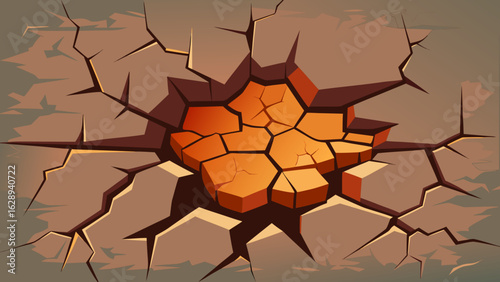 A cracked plaster or concrete wall revealing glowing molten rock or lava beneath, rendered in a stylized, cartoonish manner.