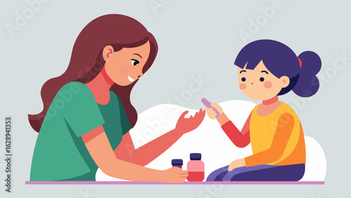 A mother and daughter painting each others nails with homemade nail polish made from natural pigments and clear base creating unique and nontoxic.