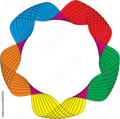 A vibrant, colorful, abstract design featuring interconnected, curved, and flowing lines forming a circular pattern.