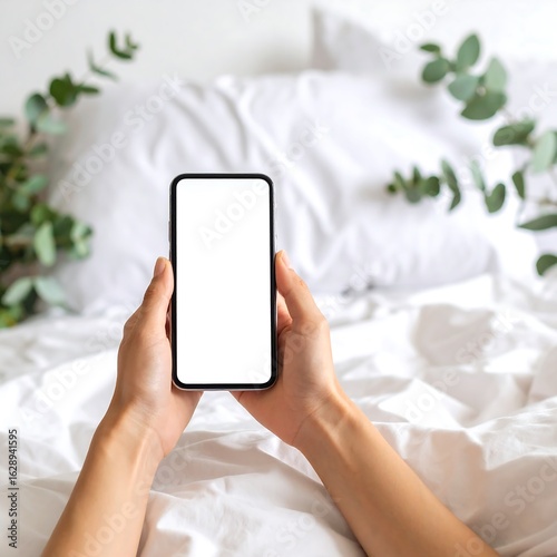 Hands holding a phone on a bed