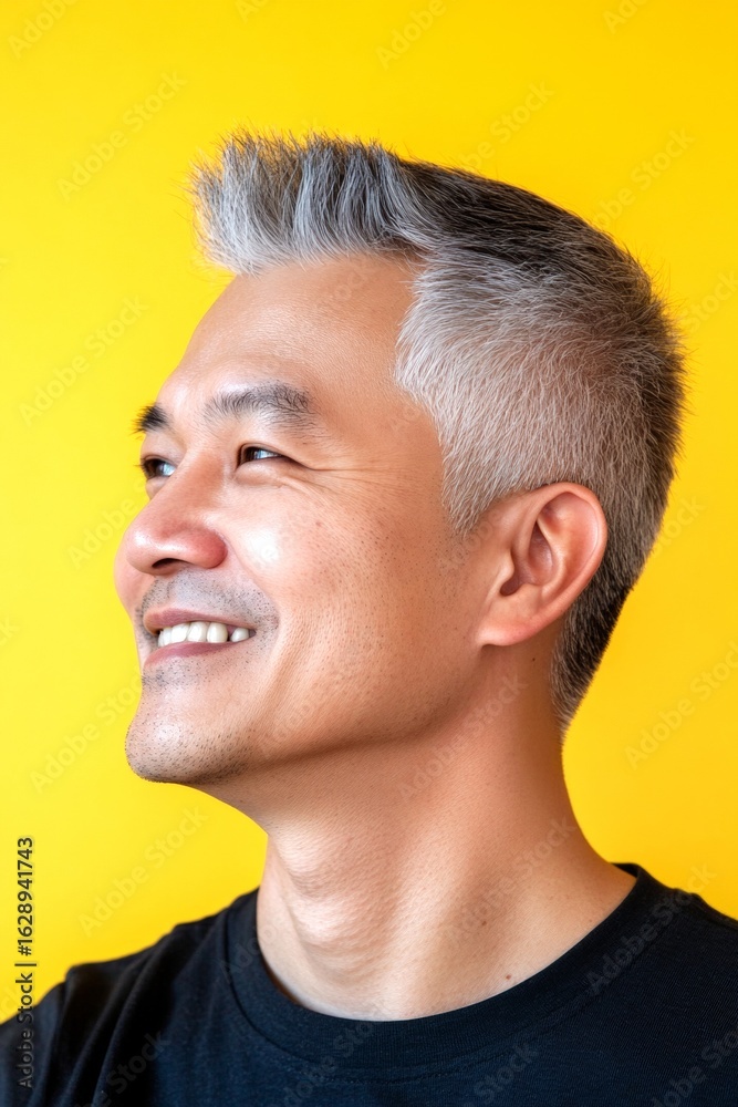 Fototapeta premium Yellow solid background. A man with expressive eyes and a joyful gaze. Visual idea of style for aging men. Elegant men's two-block cut haircut - midlife southeast asian man with short hair.