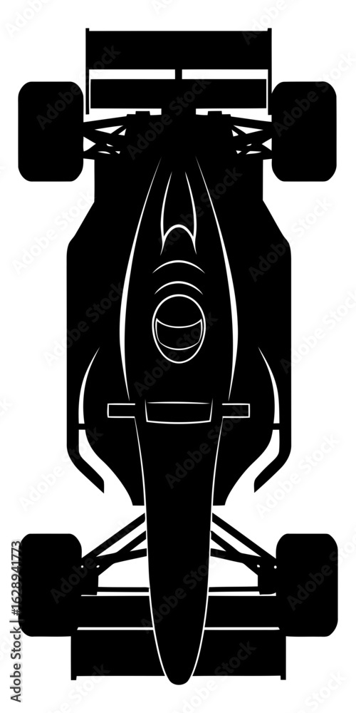 Fototapeta premium Overhead view of a Formula One race car, a black silhouette against a white background, showcasing its design and structure.