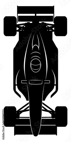 Overhead view of a Formula One race car, a black silhouette against a white background, showcasing its design and structure.