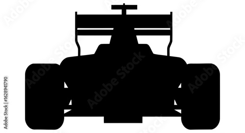 A silhouette of a Formula 1 racing car, viewed from the rear, against a white background.