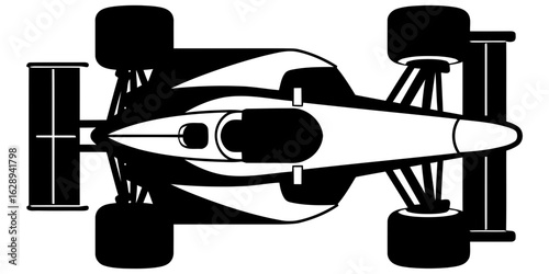 Overhead view of a Formula One race car, showcasing its design and components.