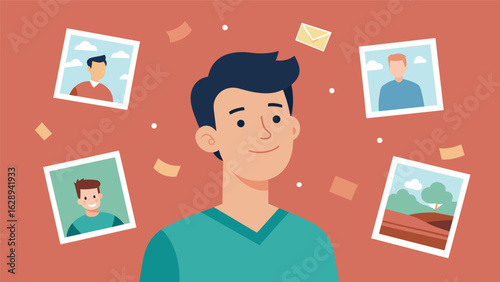 A man lost in memories while looking at old photographs suddenly snaps back to reality and smiles at the present moment..
