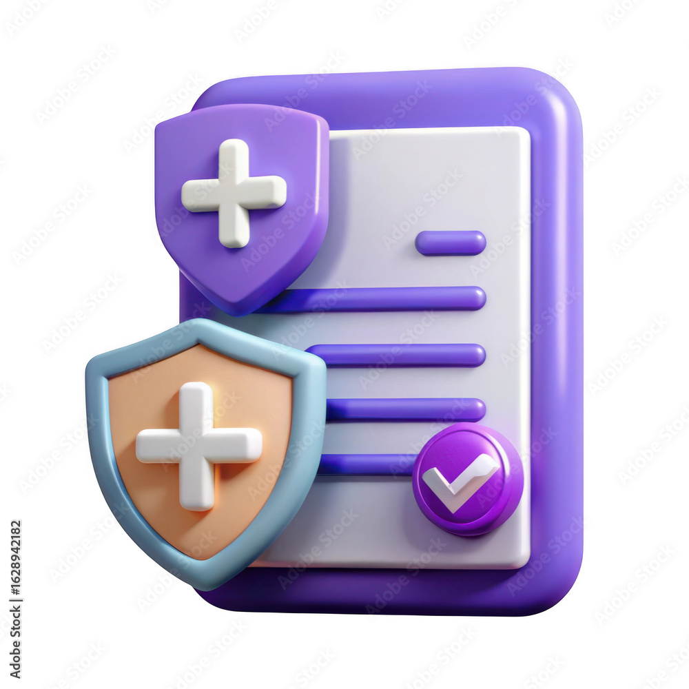 Fototapeta premium 3d medical insurance document with shields isolated on transparent background