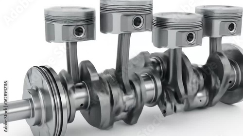 Close-up view of a meticulously detailed engine crankshaft assembly, showcasing pistons and connecting rods.