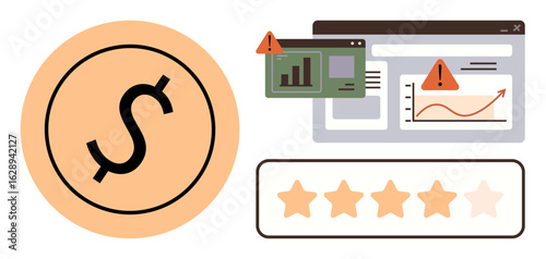 Dollar sign in circle, web analytics screens with warning alerts, and a five-star rating system. Ideal for finance, business analysis, risk management, online reviews, performance metrics, data