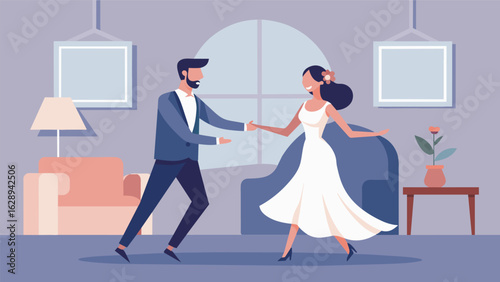 A couple of newlyweds holding hands and practicing a classic foxtrot routine in their spacious living room.. Vector illustration