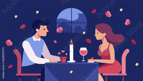 A couple enjoying a romantic dinner at home surrounded by the delicate aroma of rose petals and the soft glow of rosescented candles..