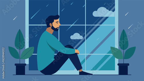 A man sitting by a window watching the rain fall as he reflects on his journey towards healing and finding inner peace after a hospital stay..