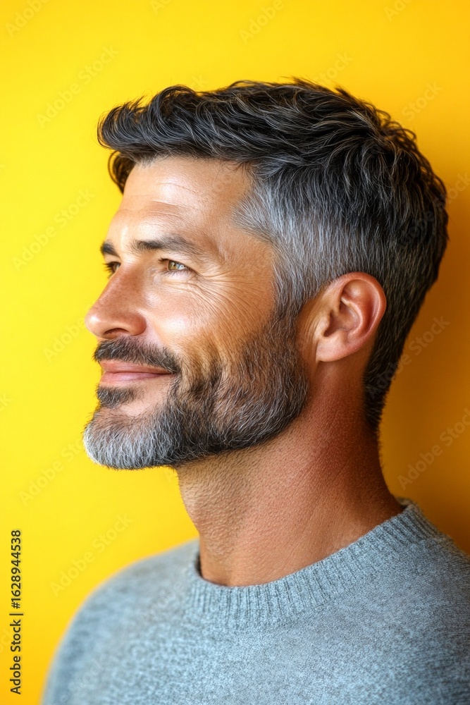 Obraz premium Visual idea of style for aging men. Chic men's crew cut haircut - midlife white man with hair. A handsome man in his 40s with a radiant smile. Yellow solid background.
