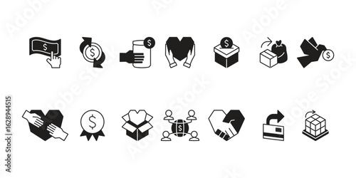 Charity and social welfare icon set collection for giving, nonprofit organizations, volunteering, donation, community support, humanitarian aid, and global relief