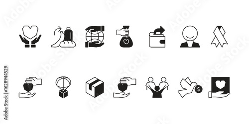 Charity and social welfare icon set collection for giving, nonprofit organizations, volunteering, donation, community support, humanitarian aid, and global relief