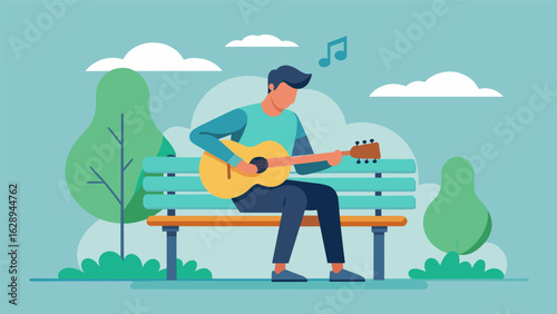 A musician strums their guitar on a park bench creating melodies without any intention of recording or sharing them with others..
