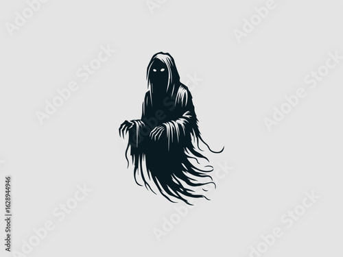 Eerie black silhouette of a spooky ghost with glowing white eyes floating on a solid white background for halloween