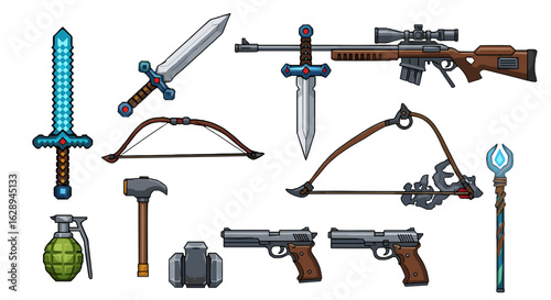 Illustration showcasing a collection of fantasy weapons including swords bows guns and a grenade and staff