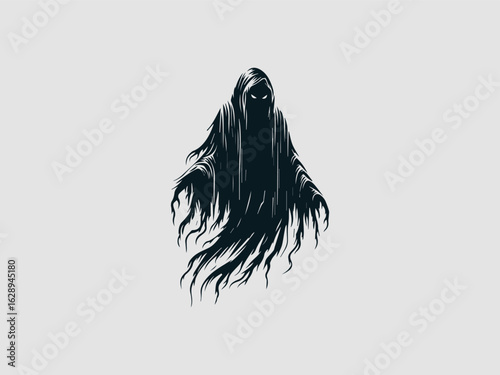 Eerie black silhouette of a spooky ghost with glowing white eyes floating on a solid white background for halloween