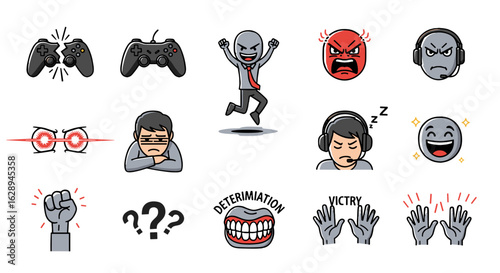 Collection of gaming emotions and reactions featuring controllers and facial expressions in cartoon style