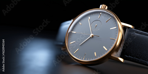 Wallpaper Mural Classic wristwatch with gold case and black leather strap is displayed against dark background, highlighting its elegant design and minimalist face Torontodigital.ca