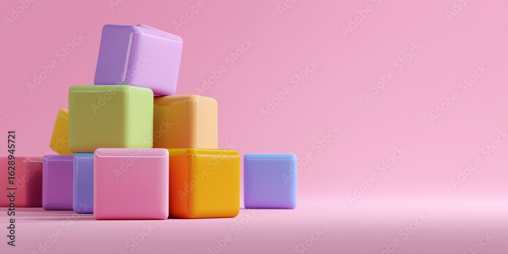 Obraz premium Colorful 3D render of toy blocks stacked on clean pink background, creating playful and vibrant scene. glossy finish and pastel colors add cheerful touch