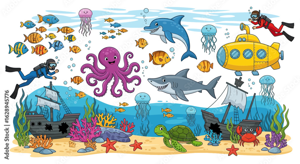 Fototapeta premium Underwater Animal Vector Illustration with Marine Life and Diver Characters in Colorful Cartoon Style