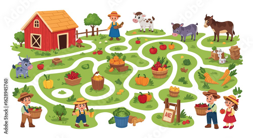 Farm Scene Vector Illustration with Cartoon Animals Vegetables and Farmers in Colorful Playful Style