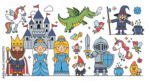 Fantasy Character Vector Illustration with Castle Dragon Unicorn and Magical Elements in Colorful Cartoon Style