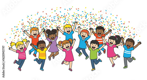 Illustration Vector of Diverse Happy Children Jumping with Colorful Confetti in Playful Cartoon Style