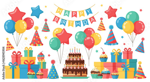 Birthday Party Vector Illustration with Colorful Balloons Gifts Cake and Festive Decorations in Cartoon Style