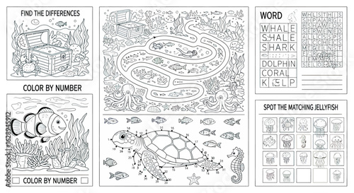 Educational Activity Vector Illustration with Marine Animals Puzzle and Coloring Pages in Black and White Line Art