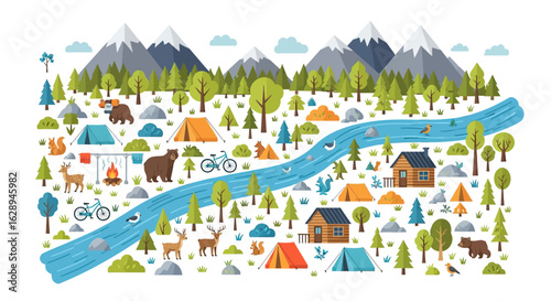 Illustration Vector Forest Camping Scene with River Wildlife and Mountain Landscape in Modern Flat Style